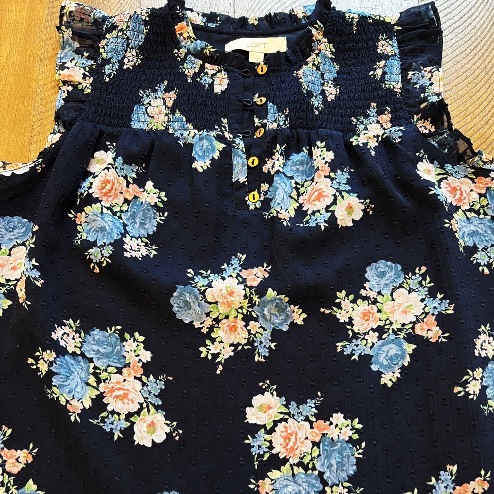 LOFT Floral Print Ruffle Bib Button Top